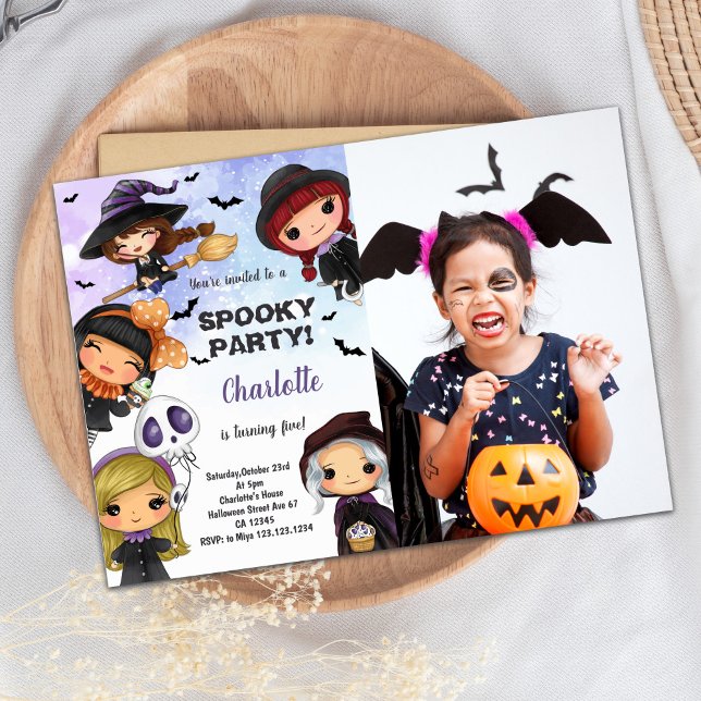 Convite Meninas Halloween Convidam no Aniversário com Foto (Girls Halloween Birthday Invitations with Photo)