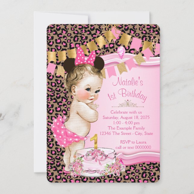 Convite Meninas Leopard Aniversário de 1 ano (Frente)