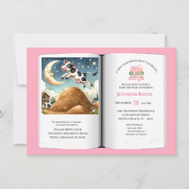 Convite Meninas Livro Tema Chá de fraldas Vaca Sobre a Lua (Frente)