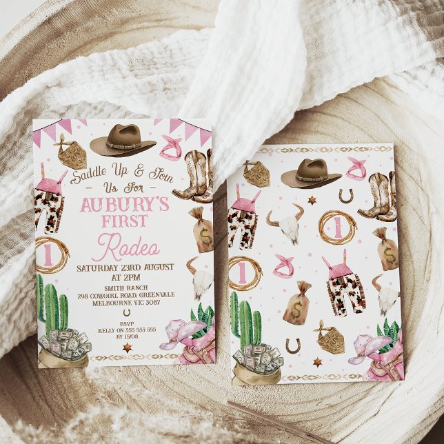 Convite Meninas Marrons Rosa Primeiro primeiro aniversario (Girl's pink bunting first rodeo birthday invitation for baby girl with pink bunting flags.)