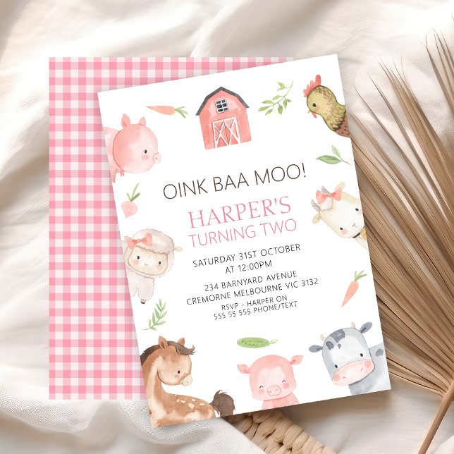 Convite Meninas Modernas - Fazenda Minimalista Que Pensava (Minimalist Farm Birthday Invitation, Girls Pink Gingham Farmyard Barnyard Birthday Invite, Oink Baa)