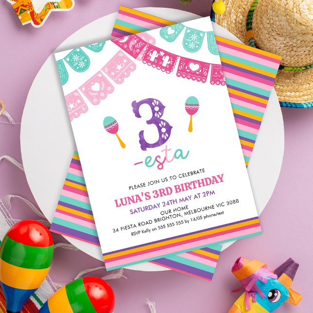 Convite Meninas Modernas Multicoloridas Três-esta 3º Anive (Girls Three-esta 3rd Birthday Invitation Template, Editable Fiesta 3rd Birthday Invitation, Esta )