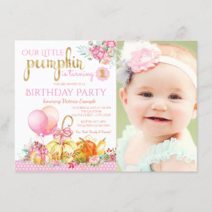 Convite Meninas Pequena Foto de Abóbora Primeiro Aniversár
