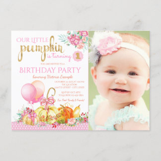 Convite Meninas Pequena Foto de Abóbora Primeiro Aniversár