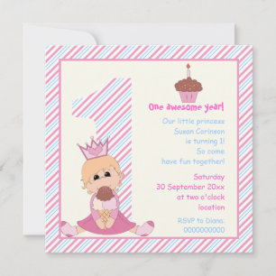 Convite Meninas pequenas princesas 1º aniversário rosa azu