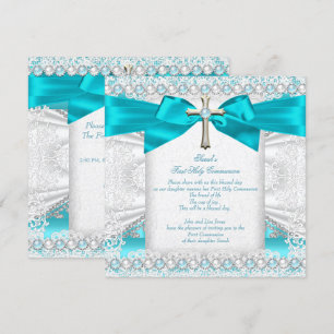 Convite Meninas Primeira Comunhão Azul Teal Pérola Branco