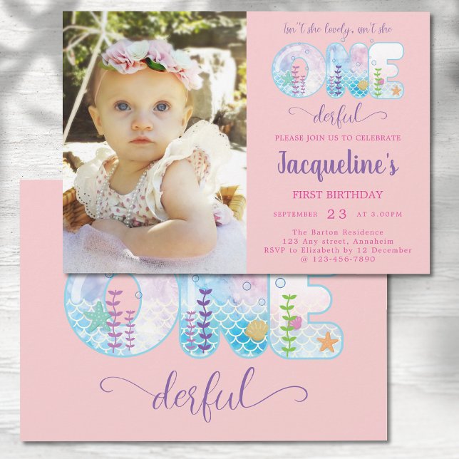 Convite Meninas primeiro aniversario ONEgira Bonito rosa (Pretty pink baby 1st birthday party invitation. Cute ONEderful under the sea with photo.)