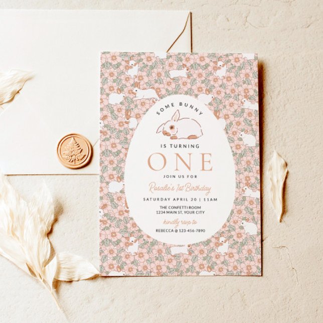 Convite Meninas Primeiro Coelhinho de Páscoa de Aniversári (Girls Easter First Birthday Invite)