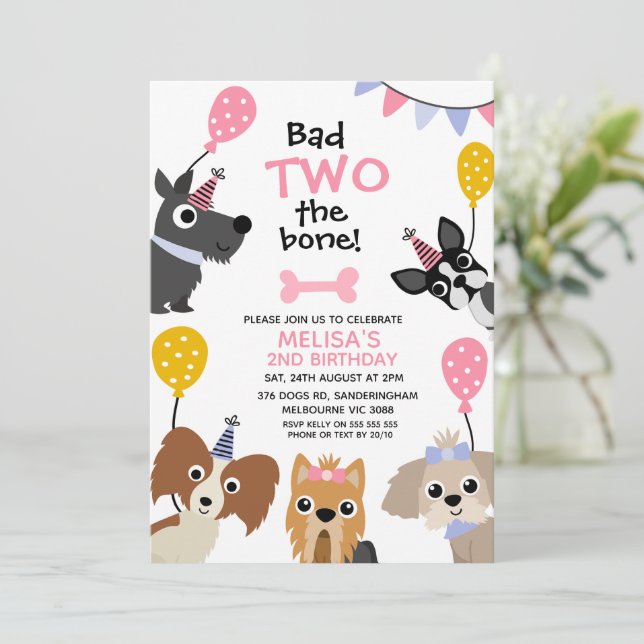 Convite Meninas Rosa Balão Mau Ao segundo aniversário Osso (Em pé/Frente)