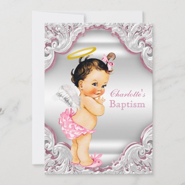 Convite Meninas Rosa Branco Anjo Menina Bebê Batismo (Frente)