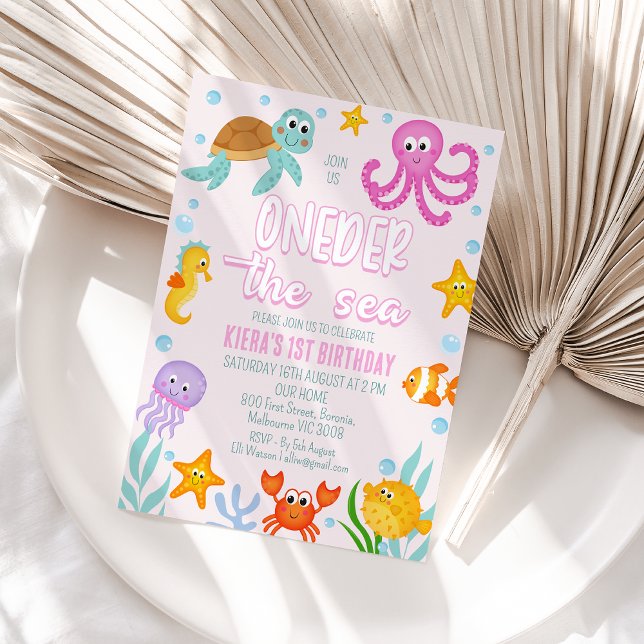 Convite Meninas Rosa-Cortes Debaixo Do primeiro aniversari ( Pink Oneder the Sea 1st Birthday Invitation, Under the Sea Themed First Birthday Invitation)