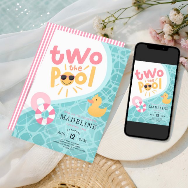Convite Meninas Rosa Dois Para o Pool Splash de Verão Aniv (Criador carregado)