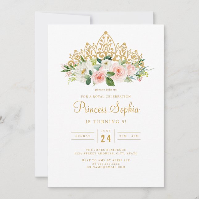 Convite Meninas Rosa Dourado Princesa Tiara Floral Anivers (Frente)