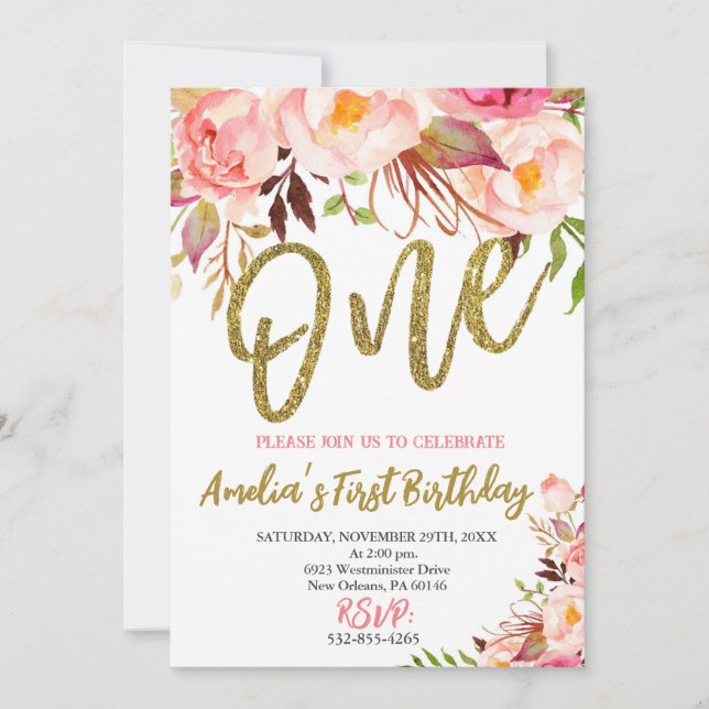 Convite Meninas rosa e Douradas Primeiro Aniversário, Boho (Frente)