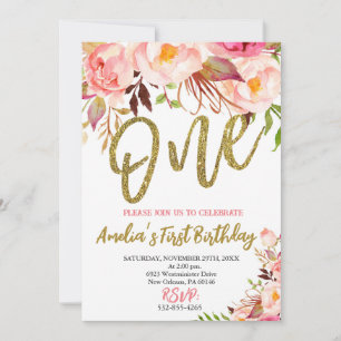 Convite Meninas rosa e Douradas Primeiro Aniversário, Boho