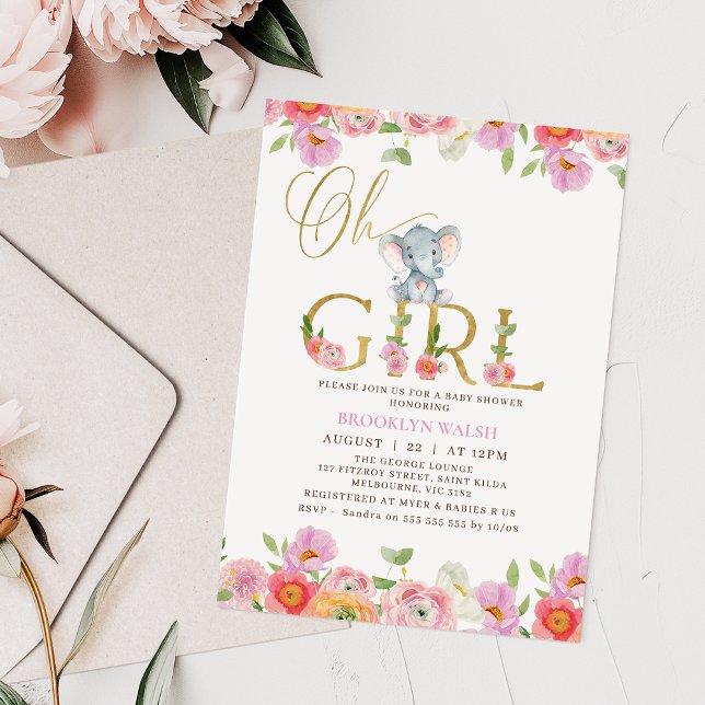 Convite Meninas Rosa Floral Oh Chá de fraldas Elefante Beb (Oh Girl Elephant Baby Shower Invitation Template, Girl Elephant Baby Shower Invitation Card Floral)