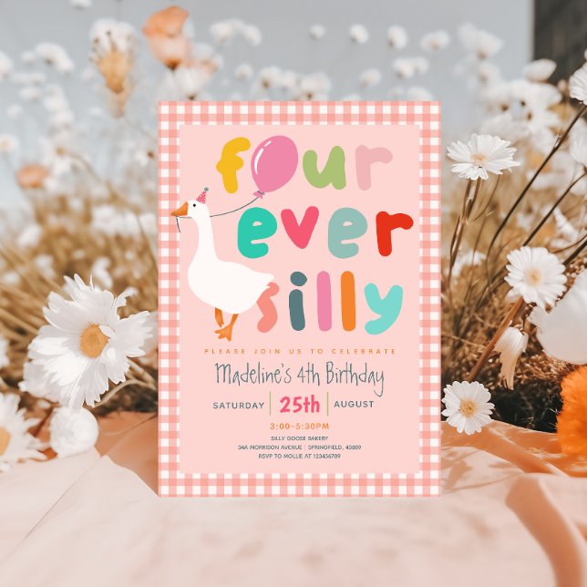 Convite Meninas Rosa “Four Ever Silly” Ganso 4º Aniversári (Criador carregado)