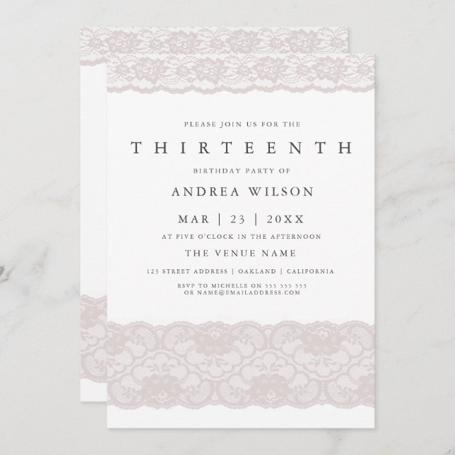 Convite Meninas Rosa Lace 13 Convidar (Frente/Verso)