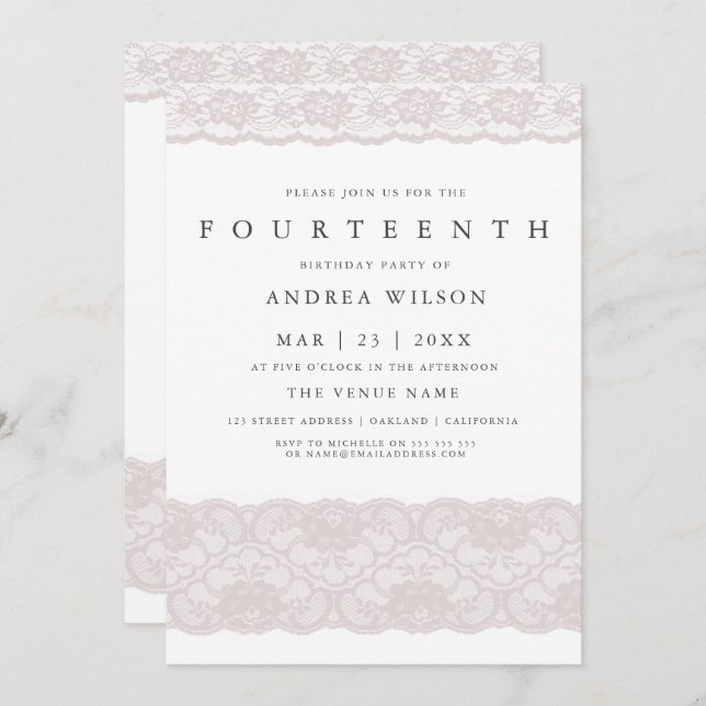 Convite Meninas Rosa Lace 14 Convidar (Frente/Verso)