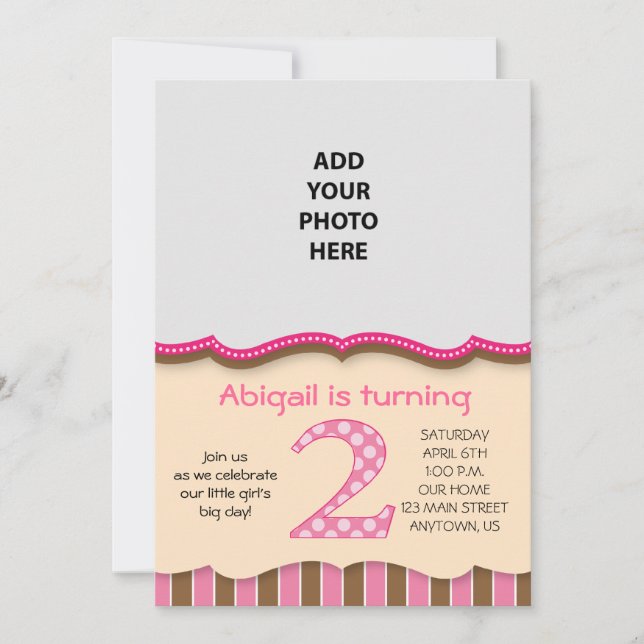 Convite Meninas Rosa/Marrom Bonitas Segundo Aniversário (Frente)