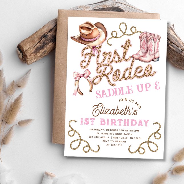 Convite Meninas Rosa Primeiro Rodeio 1º Aniversário (Pink Girls First Rodeo 1st Birthday Invitation)