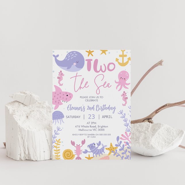 Convite Meninas Rosa Roxo Amarelo Dois Ao Mar Aniversário (Editable TWO the Sea Girl 2nd Birthday Party Invitation Pink Under the Sea 2nd birthday Invite, Cute)