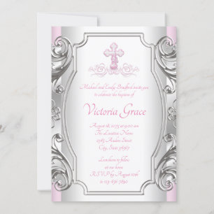 Convite Meninas Rosa Silver Cross Girl Baptism Christening
