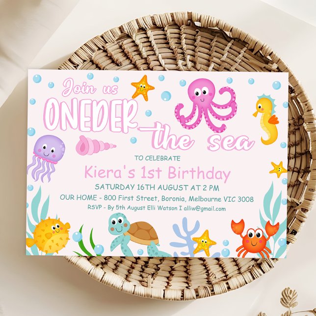 Convite Meninas rosa sob o mar sob o primeiro aniversario  (Colorful Oneder the Sea Birthday Invitation Template For Girl, Under the Sea Themed 1st Birthday)