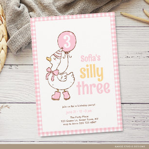 Convite Meninas Rosa Três Ganso Tolo Aniversário de 3 anos