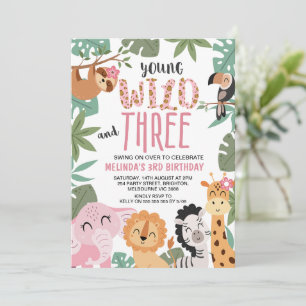 Convite Meninas Rosa Verde Jovem Selvagem Três 3º Aniversá