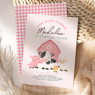 Convite Meninas Rosa Xadrez Fazenda Quintal 3º Aniversário