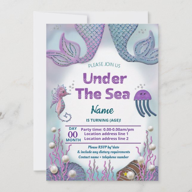 Convite Meninas sereia no aniversário do mar (Frente)