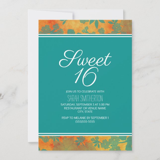 Convite Meninas Teal Laranja Floral Sweet 16 (Frente)