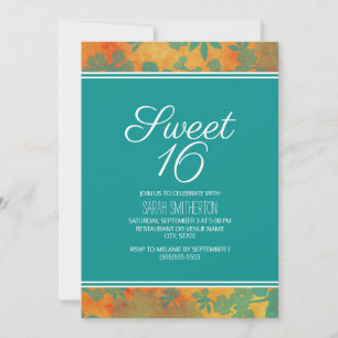 Convite Meninas Teal Laranja Floral Sweet 16