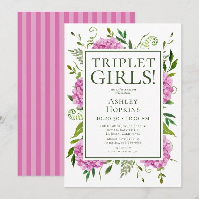Convite Meninas Trigêmeas Hortênsias Rosa Chás de Bebê  (Frente/Verso)