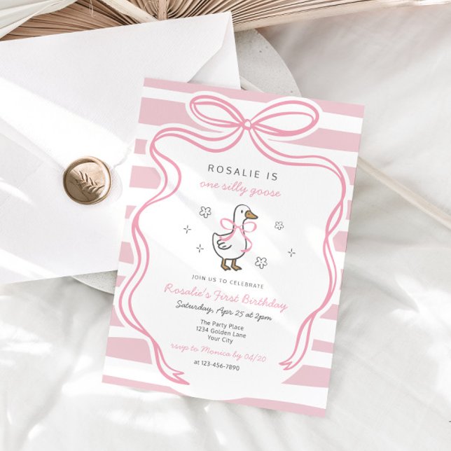 Convite Meninas Um Bobo Pia-Rosa Coquette Aniversário (One Silly Goose Girls First Birthday Invite)
