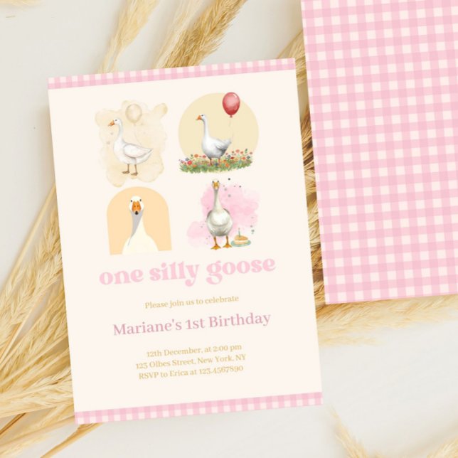 Convite Meninas Um Bobo Pia Rosa Primeiro Gingham de Anive (one silly goose, 1st birthday, farm, girls first birthday girl, pink gingham, whimsical, pastel pink)