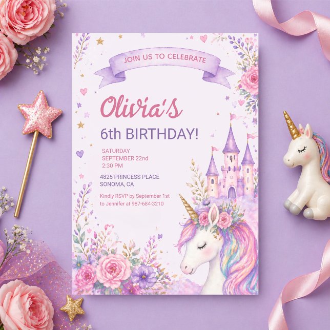 Convite Meninas Unicórnio Roxo 6º Aniversário (Criador carregado)
