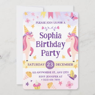 Convite Meninas Unicórnio Roxo Fofo Aniversário de 1 ano