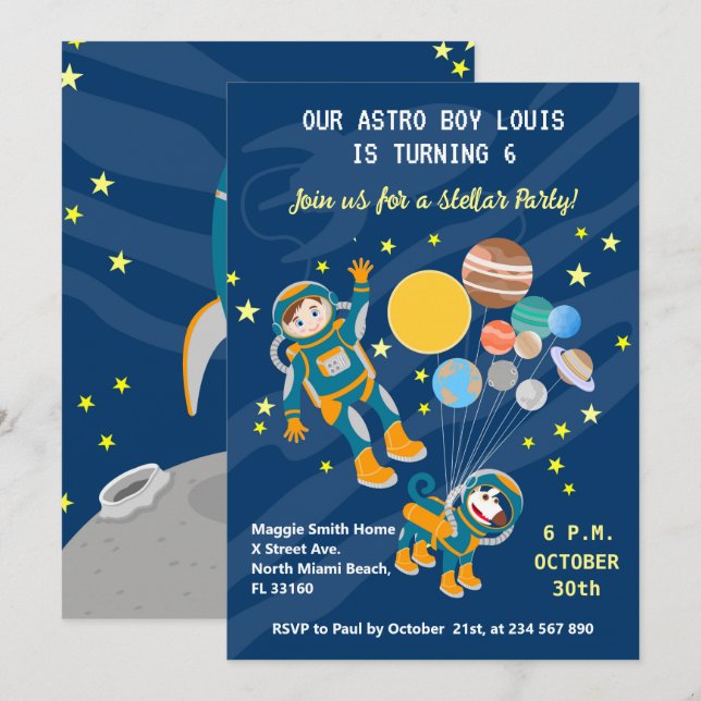 Convite Menino astronauta sonha com festa de aniversário (Frente/Verso)