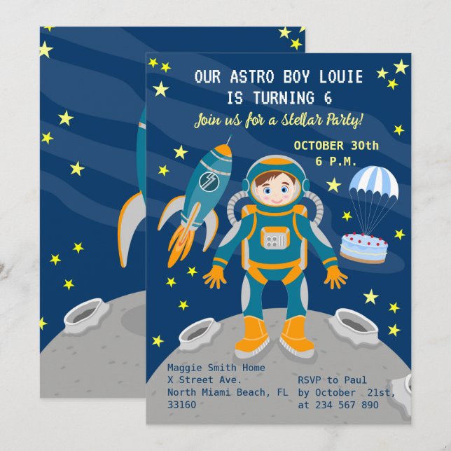 Convite Menino astronauta sonha com festa de aniversário (Frente/Verso)