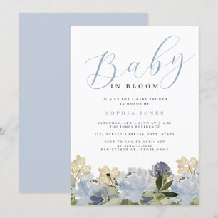 Convite Menino Azul Floral Empoeirado Bebê em Flor Chá de