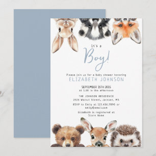 Convite Menino Azul Floresta Adorável Animais Chuvá de Beb