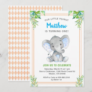 Convite Menino Azul Laranja Elefante Aniversário Pequeno C
