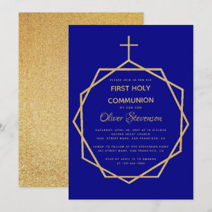 Convite Menino Azul Marinho Ouro Primeira Comunhão Sagrada