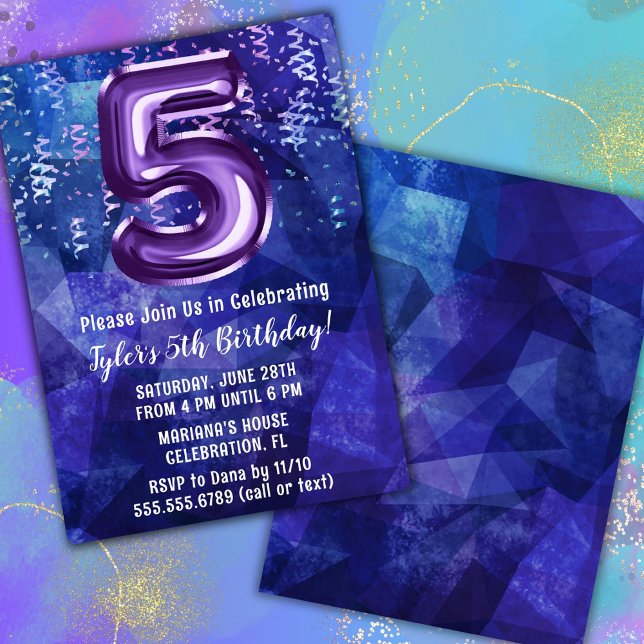 Convite Menino Azul Roxo 5º Aniversário (Criador carregado)