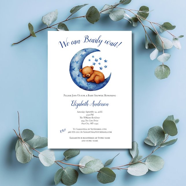 Convite Menino Azul Urso Lua Quase Não Esperamos Chuvinha  (Baby Boy Baby Shower invitation, We Can Bearly Wait, Baby Bear in Blue Moon with Stars)
