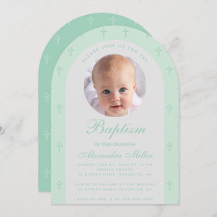 Convite Menino Baptismo Foto Moderna Arch Mint Green Scrip