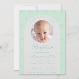 Convite Menino Baptismo Foto Moderna Arch Mint Green Scrip