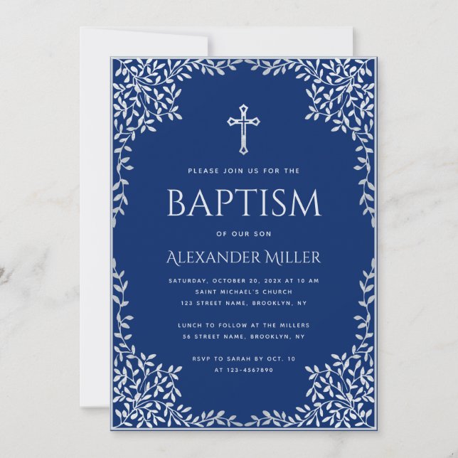 Convite Menino Batismo Real Azul Faux Silver Deixa Elegant (Frente)